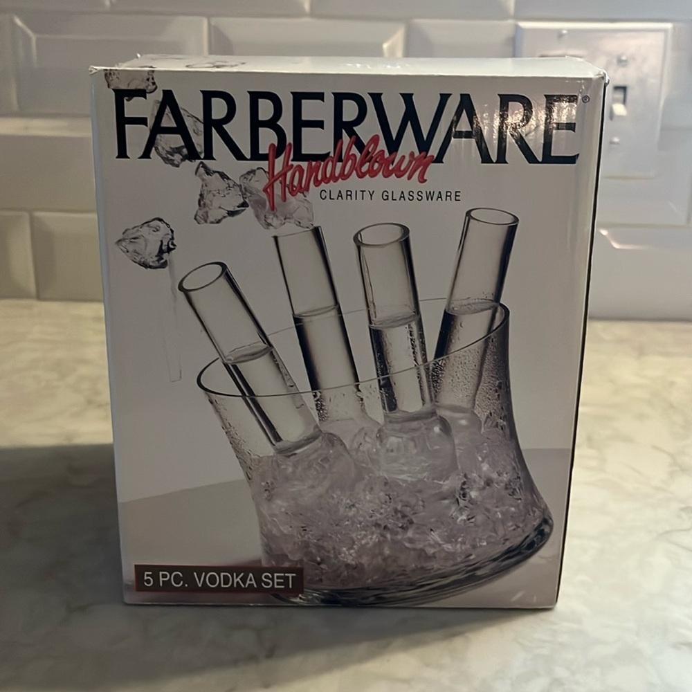 FABERWARE Handblown 5 piece Vodka Set New old stock with original packaging.